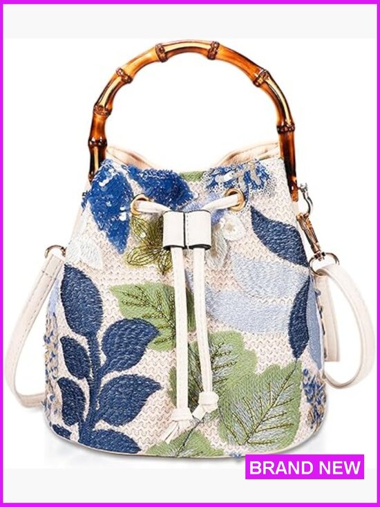 Handbags - Hand Embroidered Bohemian Tote Bag with Bamboo Handle for Summer Beach